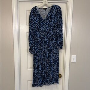 Banana Republic Blue Leopard Print Midi Dress Long Sleeve Women’s Large